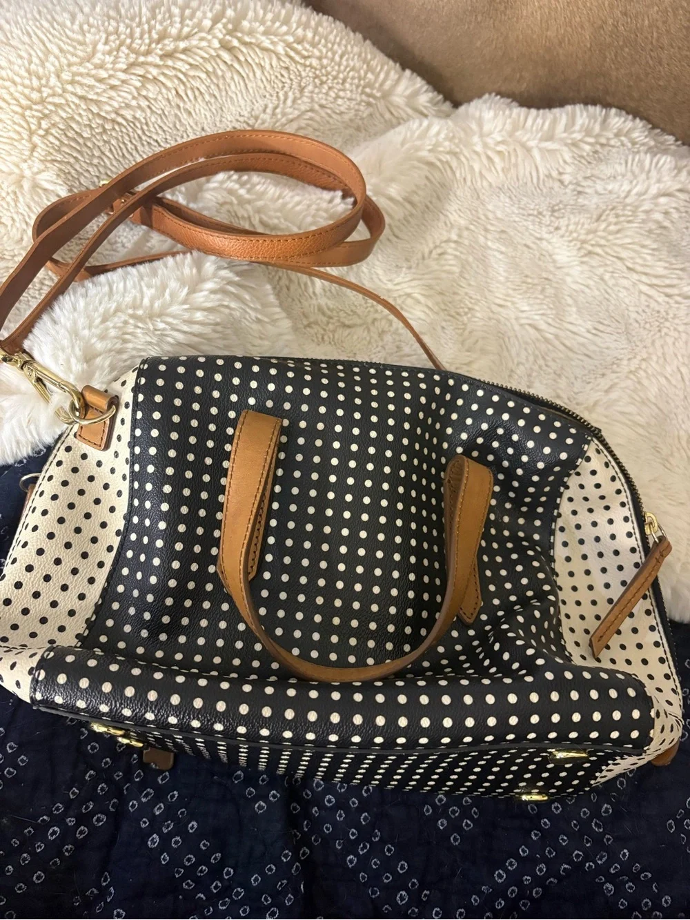 Fossil Black & White Polka Dot Satchel with Tan Trim